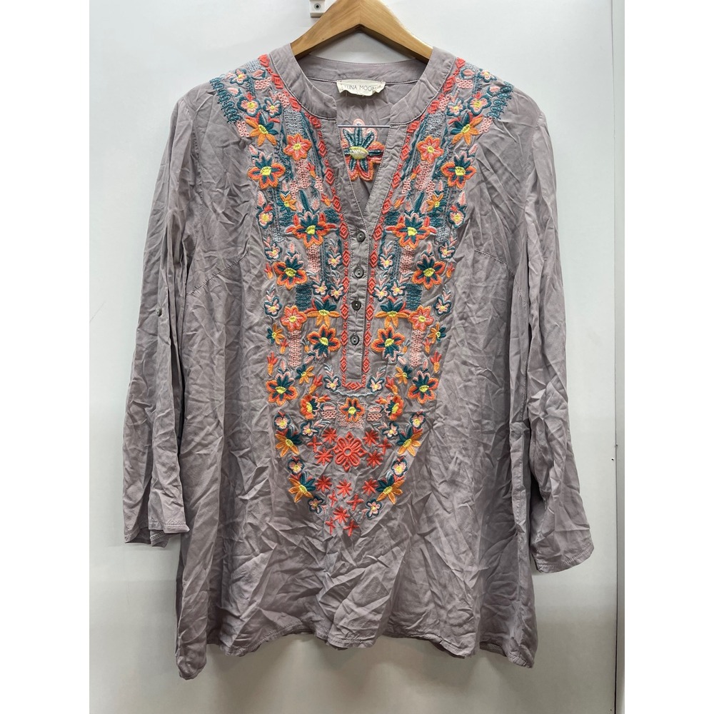 Luna Moon Lavender Grey Floral Embroidered Boho Tunic Blouse Roll Tab Sleeve